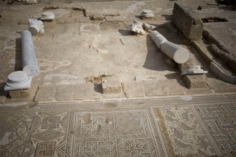 A view of a mosaic in the archaeological site where an ancient church was found in Hirbet Madras, central Israel, Wednesday, Feb. 2, 2011. Israeli archaeologists say they have uncovered a 1,500-year-old church, including an unusually well-preserved mosaic floor with images of lions, foxes, fish and peacocks. According to Amir Ganor of the IAA (Israel Antiquities Authority) the church in the hills southwest of Jerusalem was active between the fifth and seventh centuries A.D. (AP Photo/Ariel Schalit)